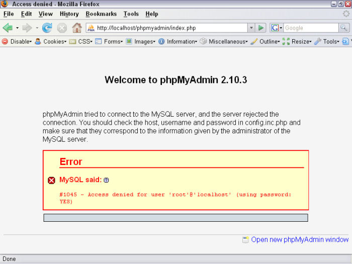 phpMyAdmin Error Message